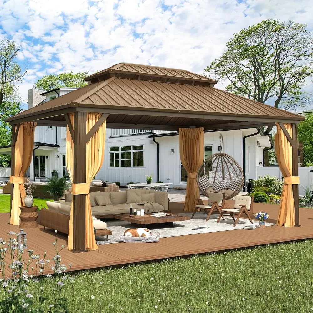 

12'x16' Gazebo Hardtop, Galvanized Steel Double Roof Metal Gazebo with Aluminum Frame, Permanent Outdoor Pavilion, Gazebos