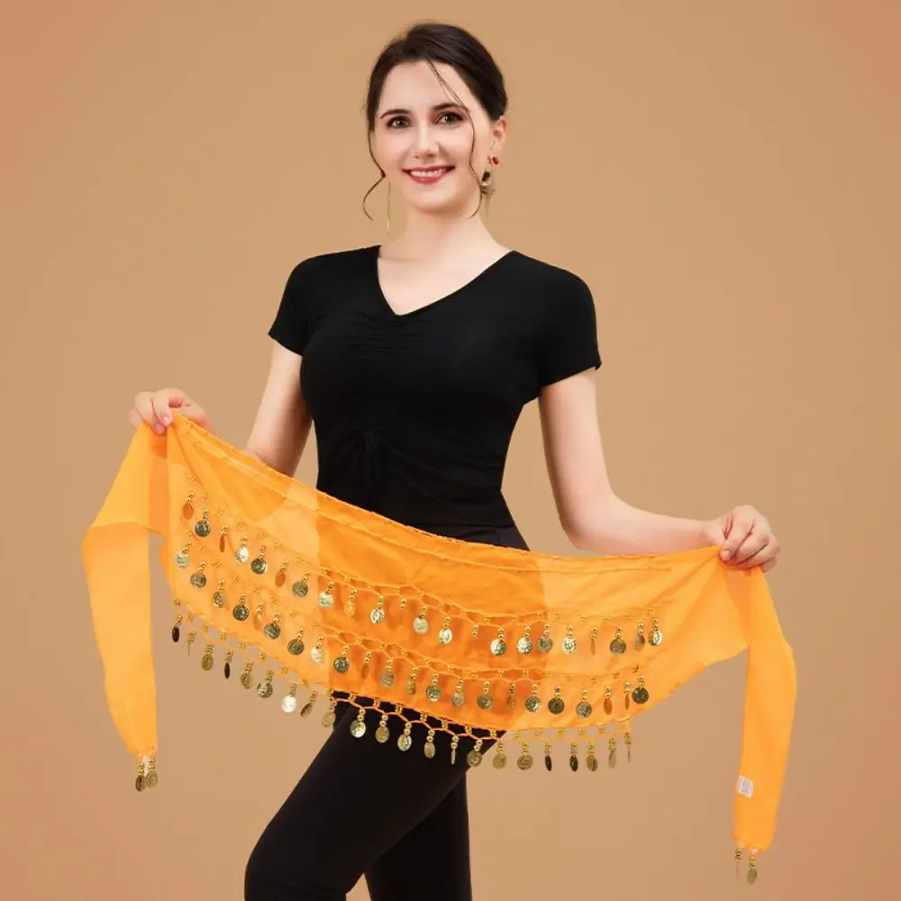 Goudkleurige munten Buikdans Heupsjaal Verstelbaar Chiffon Materiaal Heupsjaal Wrap Drie lagen Gemakkelijk te dragen Dansen Tailleriem