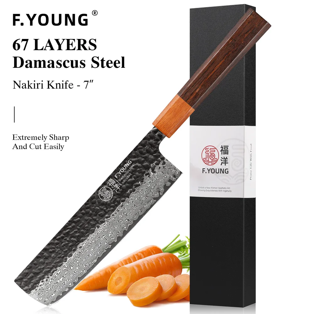 F.YOUNG 7-inch Japanese Nakiri Knife Damascus Steel Sharp Meat Vegetable Cleaver Professional Chef Knife Handmade Kitchen Knives