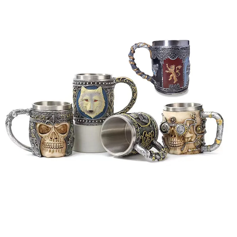 Chope à bière Viking Rune, chope en acier inoxydable 304, résine 216.239.7.5 ate, décor nordique, tasse à café Stein, cadeau pour homme