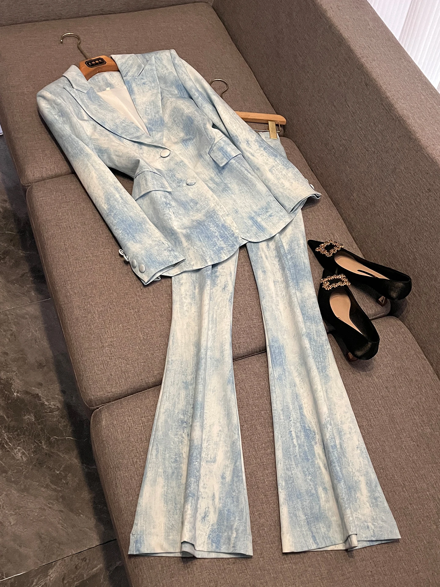 

Blue Casual Women's Briti Sle Tie Dye Print Midi Suit Jaet And Pants Set Two Piece Set A30005 Spring Cotton Workwear