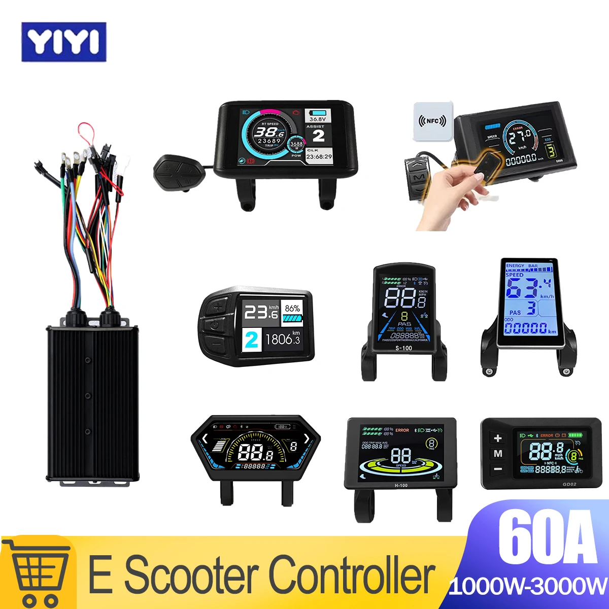 

60A 1000W1500W2000W3000W Ebike Controller Three-Mode Sine Wave Controller 48-72V With S966-NFC Display E scooter Conversion Kit