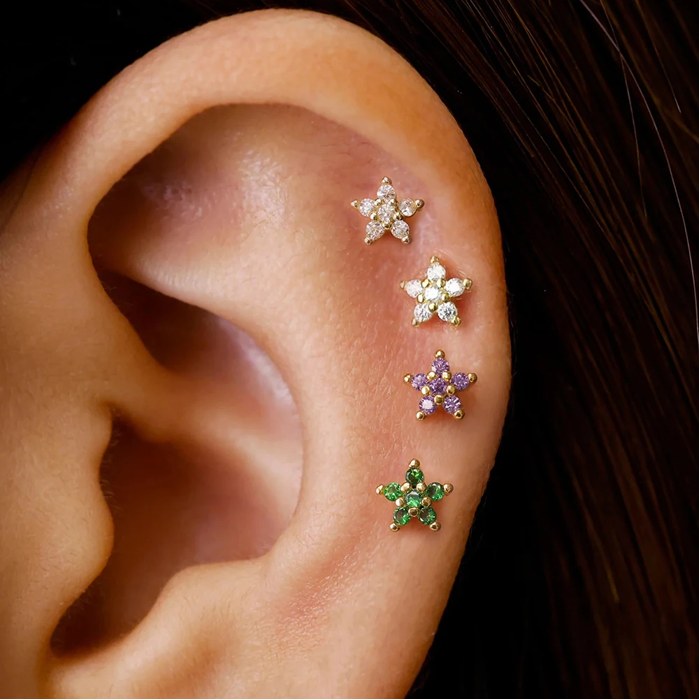 1PC Modny kolczyk ze stali nierdzewnej Mini CZ Zircon Flower Stud Earring Tragus Chrząstka Helix Hoop Conch Rook Daith Lobe Piercing Biżuteria