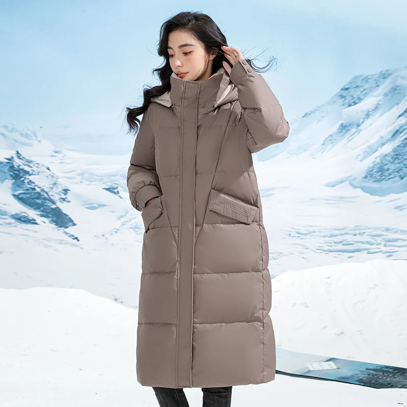 Parkas de baixo longo feminino com capuz, roupas de inverno, jaquetas femininas, jaqueta puffer, sobretudo, 2023