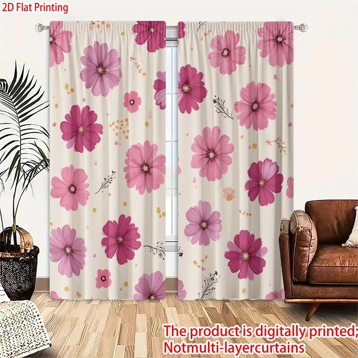 Elegant Floral Curtains Pink Flower Print Polyester Decorative Window Curtains Panel for Bedroom Living Room Home Decor