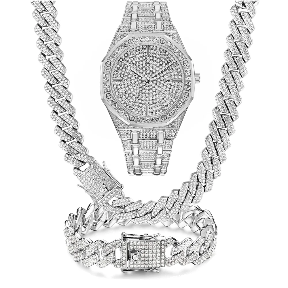 Ensemble de bijoux dorés argentés pour hommes et femmes, collier glacé Bling, bracelet de montre calendrier cubain, cadeaux d'anniversaire de vacances, 15mm, 3 pièces