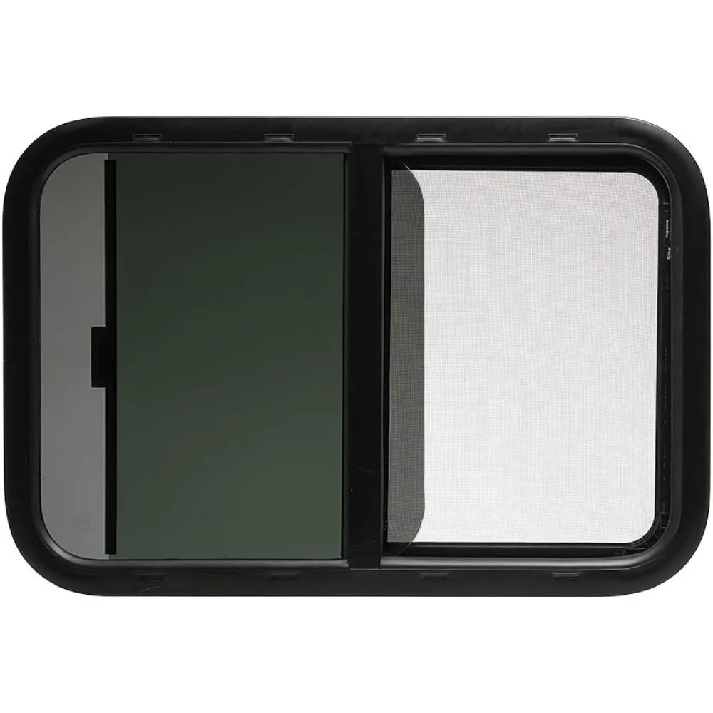 نافذة RV سوداء منزلقة أفقية مقاس 30 × 20 بسمك 1.5، وحلقة تركيب وشاشة سفلية متضمنة