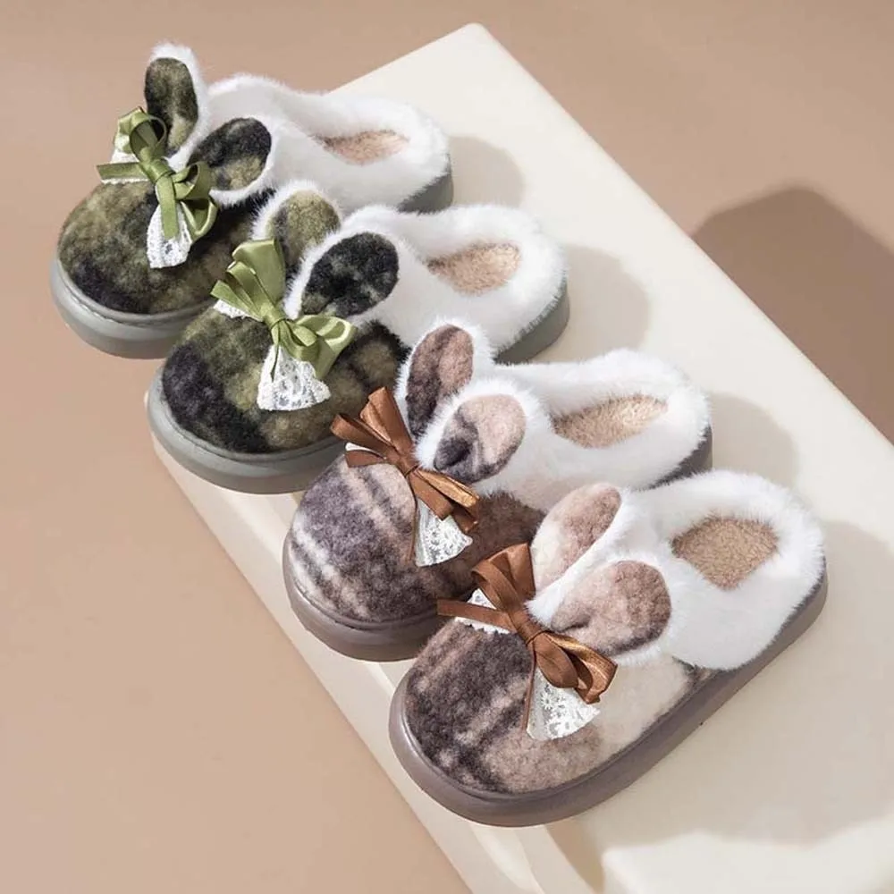 

Soft Plaid Rabbit Ear Cotton Slippers Bow Anti-slip Winter Warmer Slippers EVA Furry Warm Home Cotton Shoes Cold Weather
