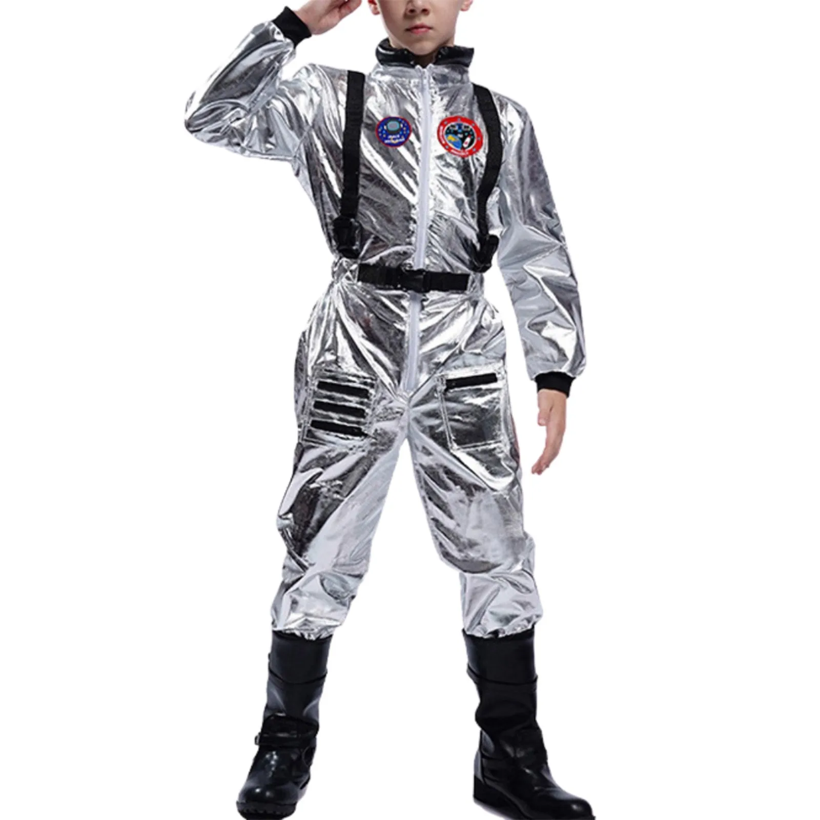 

Man Women Adult Astronaut Cosplay Costume Silver Zipper Jumpsuit Halloween Spaceman Space Suit Plus Size Party Dress up Rompers