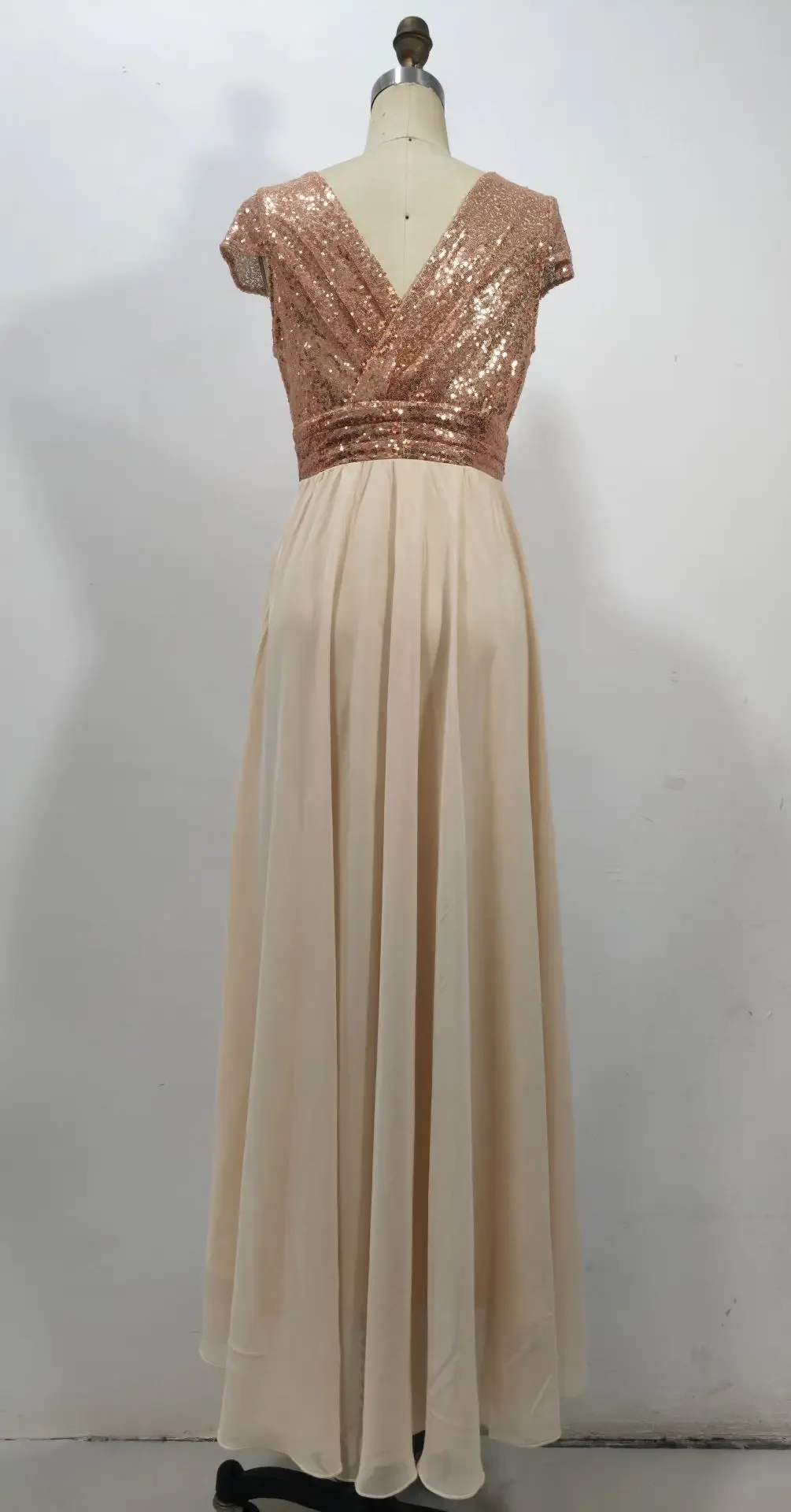 Summer New V-neck Sequined Chiffon Stitching Evening Dress Long Dress Concert Wedding Bridesmaid Dress Sweet A-line Skirt Gown