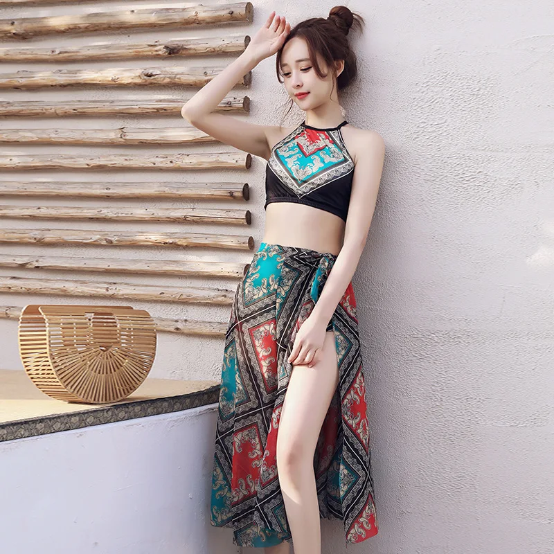 Women Bikini Set Vintage Boho Print Halter Neck Crop Top With High Waist Shorts Wrap Sarong Cover Up Beach Bathing Suit Swimwear
