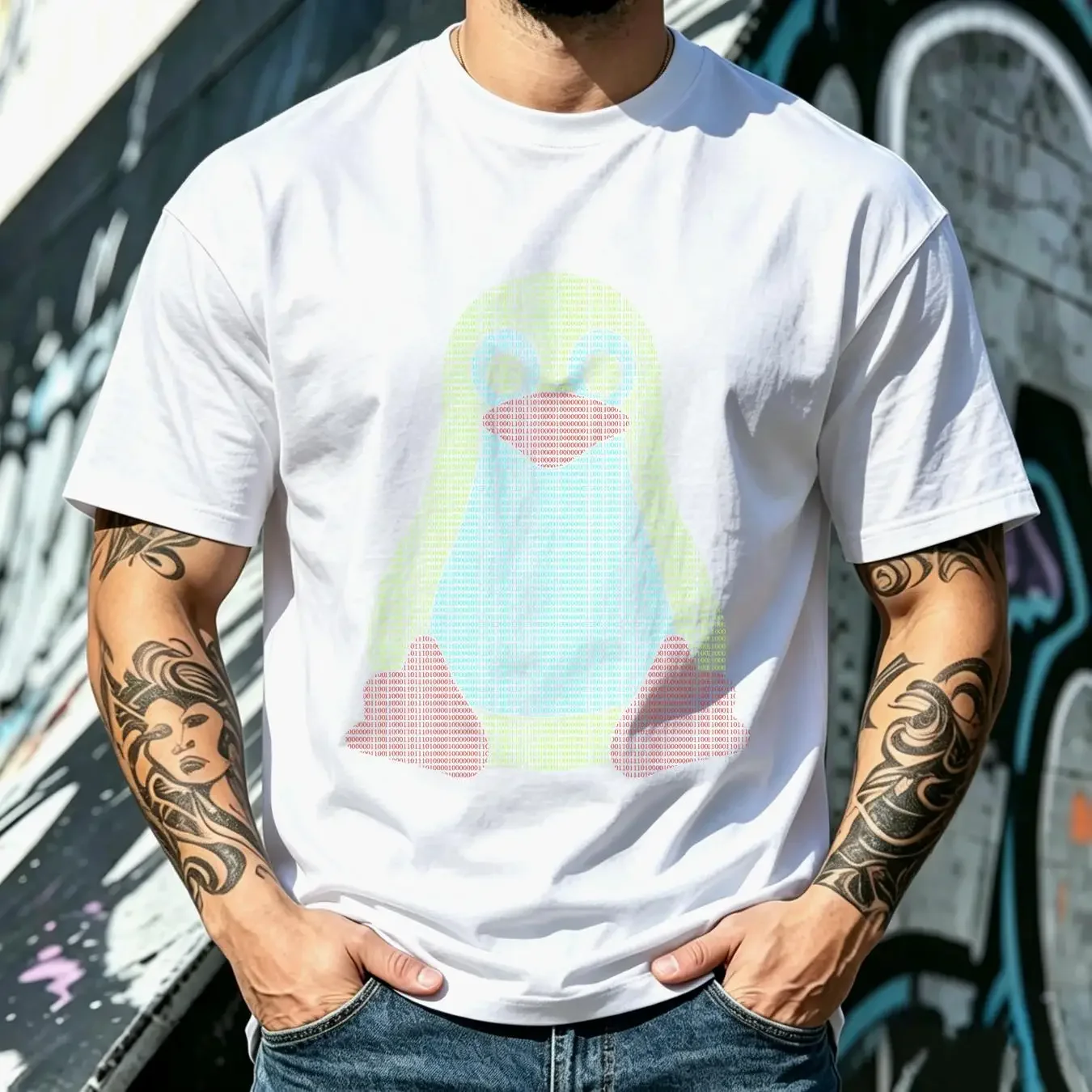 washed T Shirt Linux Penguin In Binary Code With Terminal Colors Black long or short sleeves vintage Washed homme streetwear