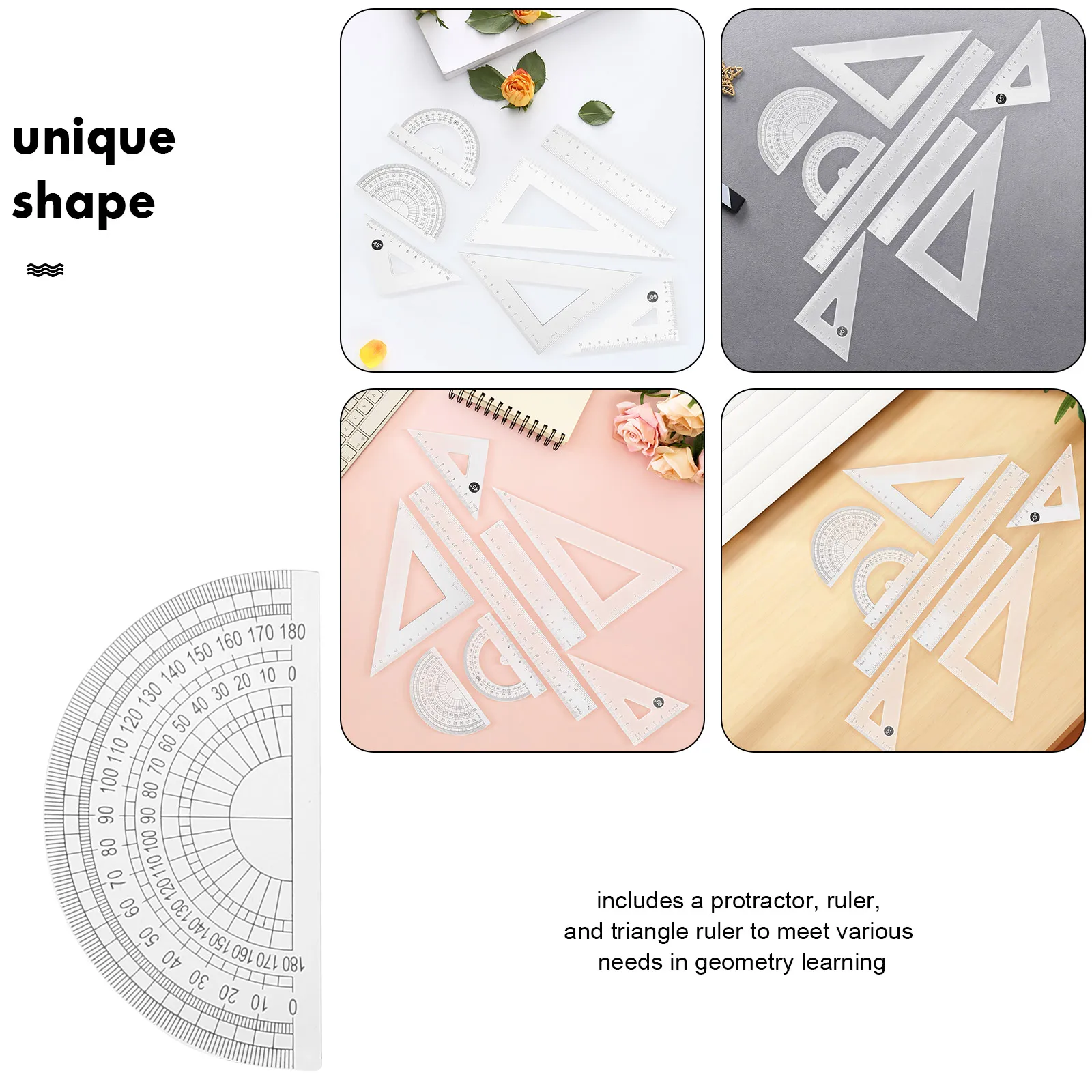 8pcs Triangle Ruler Set Transparent Plastic Geometry Math Ruler Protractor Straight Scale Portable Storage Clear Scales