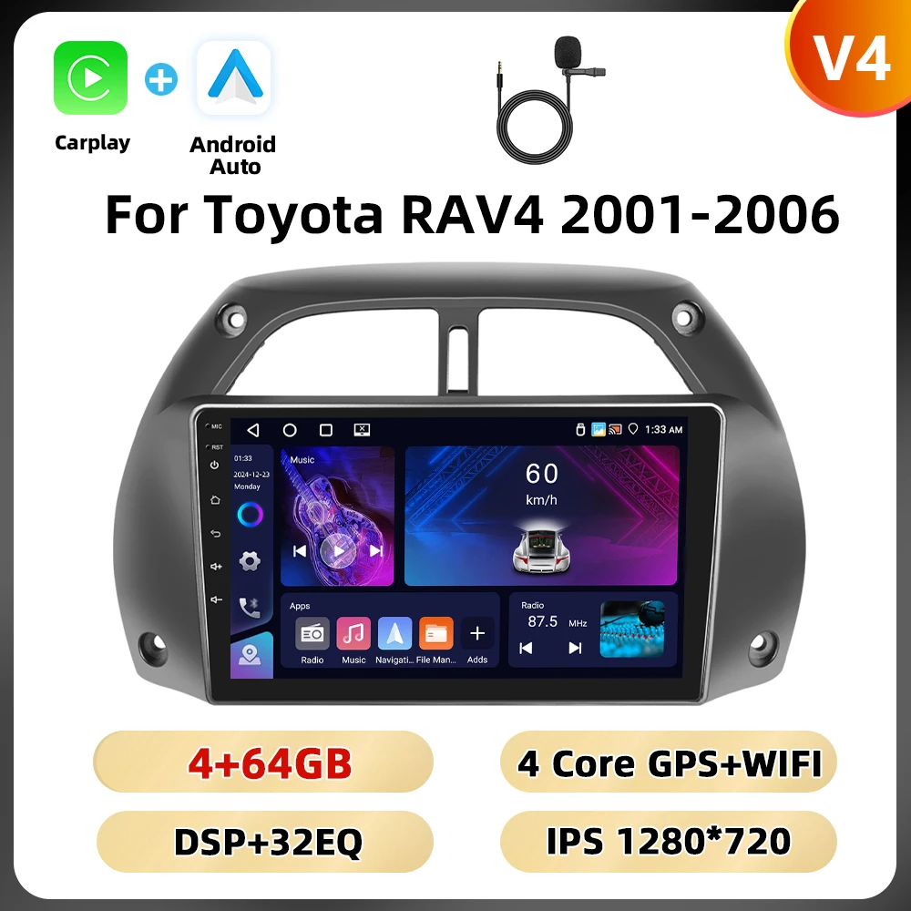 Podofo 8Core 2Din Autoradio Voor Toyota RAV4 2001-2006 Multimedia Speler WIFI 4G AI Voice BT Carplay Android Autoradio RDS