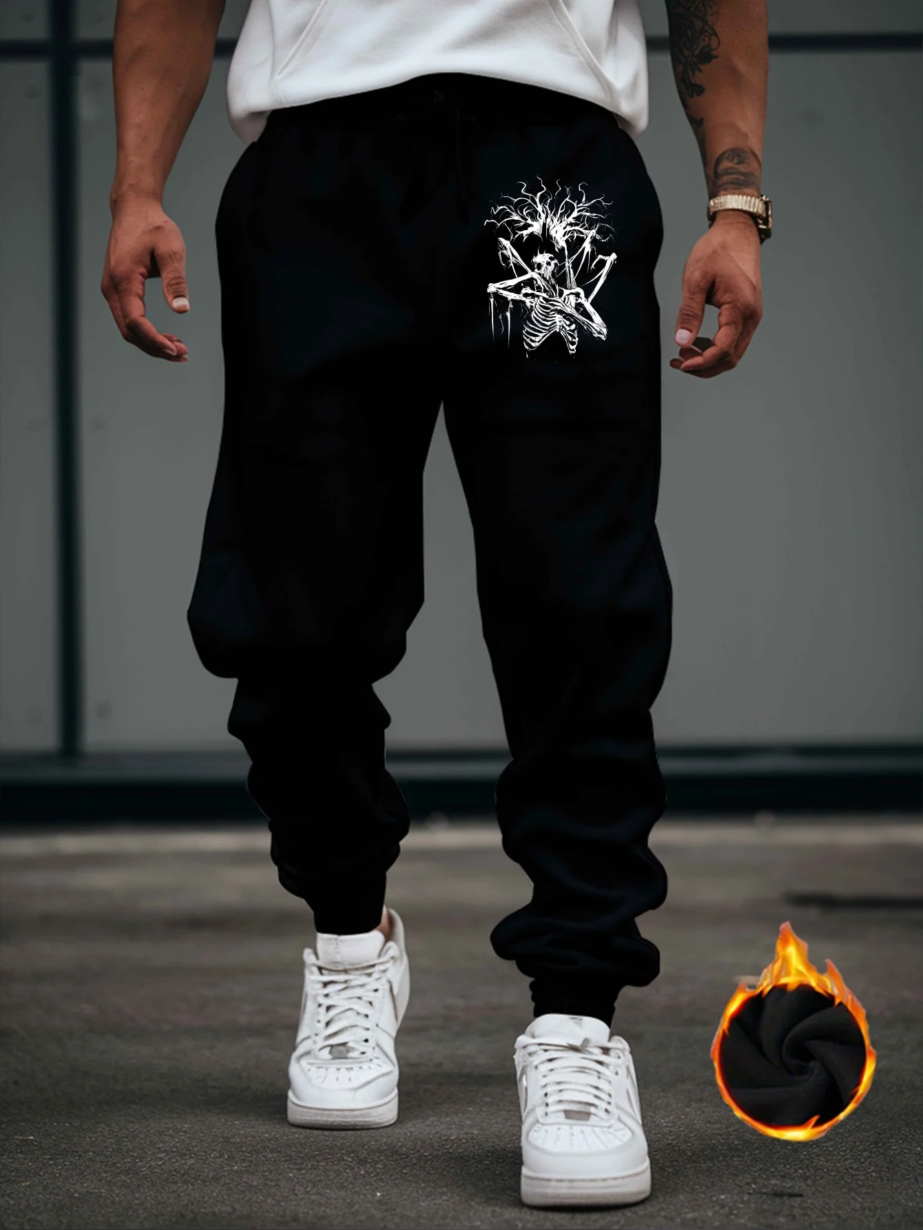 Gothic‑street skull‑musician sketch print graphic relaxed loose cut sweatpants men hip hop sports casual jogger pants