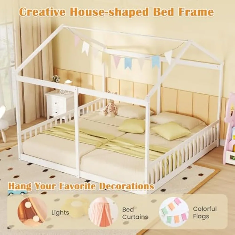 Giantex Letti matrimoniali da pavimento per 2 bambini, Letto Montessori in legno con recinzione e tetto, supporto a doghe in legno, facile da montare, senza scatola Spr