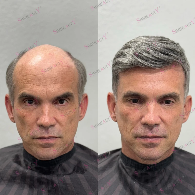 Strong 0.12mm PU Base European Old Men Natural Human Hair Grey Wigs Replacement Undetectable 1B65 1B50 Brown Black Hairpieces