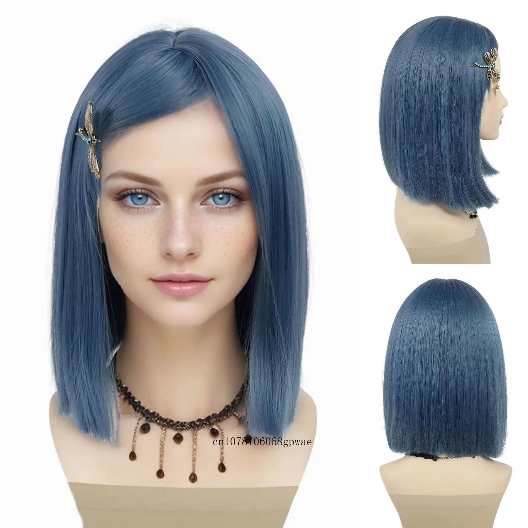 Blue Bob Cosplay Synthetic Wig for Women Short Straight Wig with Dragonfly Hairpin Set Fits All Halloween Costume Party Wigs