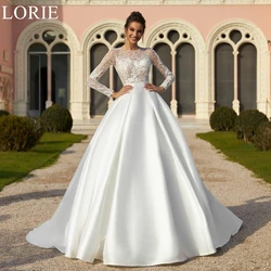 LORIE Elegant Satin Wedding Dresses O-Neck Lace Ball Gown Pleated Full Sleeves Bride Prom Gown Romantic Bridal Gowns Customized