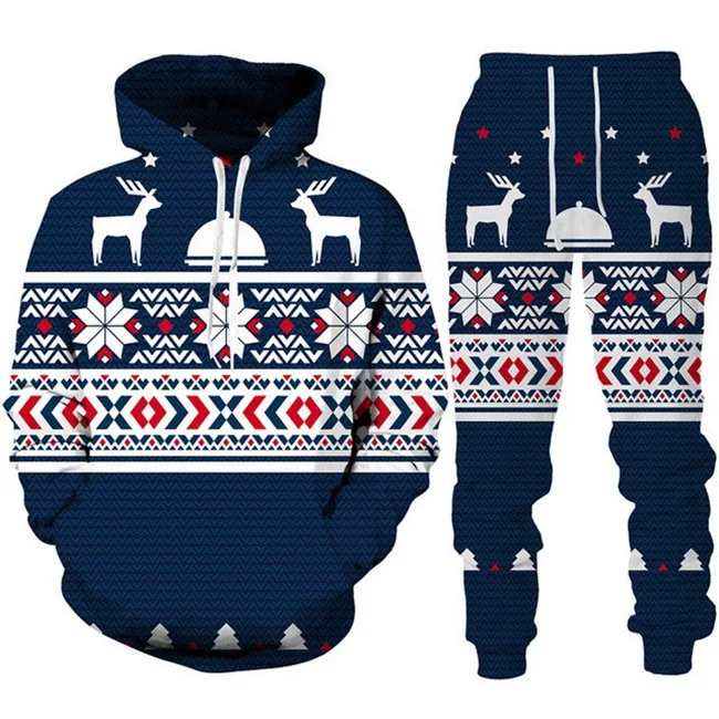 3D Print Men\'s Hoodie Sets Christmas Santa Claus Men Women Hooded Sweatshirt Pants 2Pcs Suits Oversized Pullover Couple Clothes