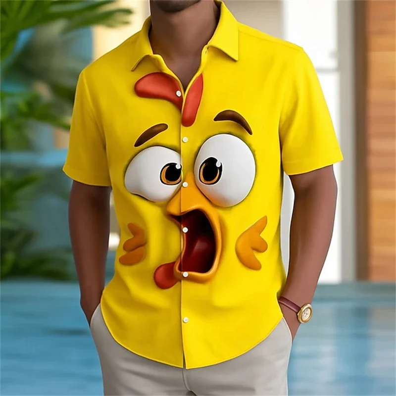 Hawaiian Men's Shirts Funny Animal Face Shirt For Men New Fashion Cartoon Rooster Wolf Face Casual Vintage Harajuku Blouse