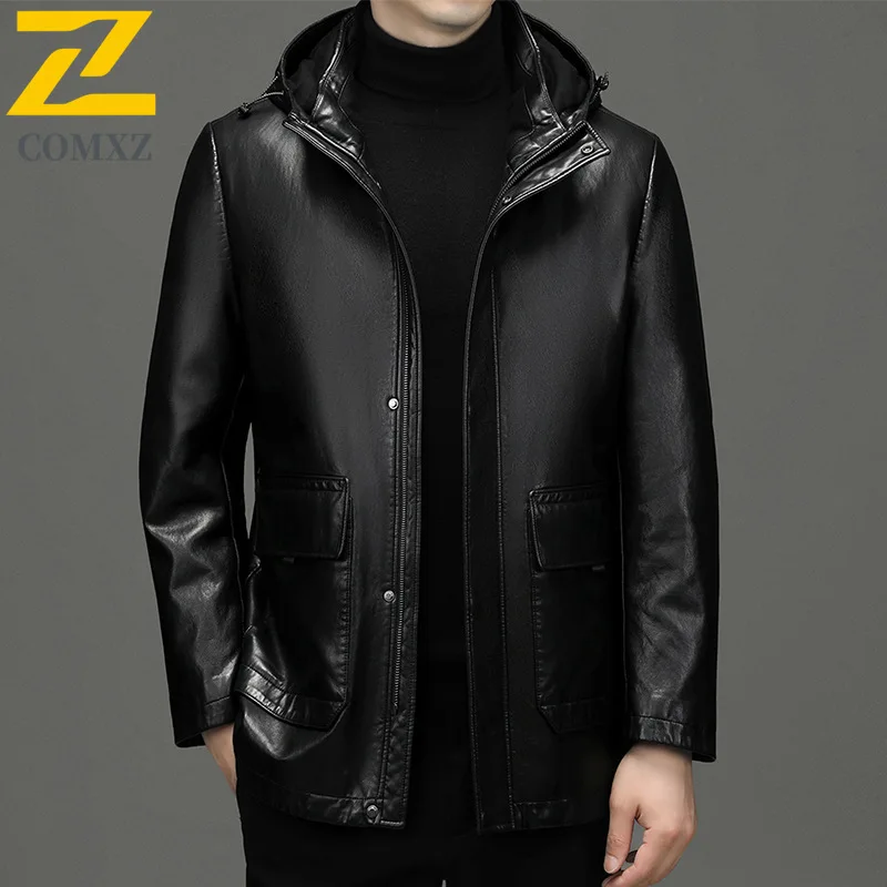 COMXZ Men Winter Jacket Leather Mid-Length Business Meeting Luxury Design Travel Padded Jacket Office Commute Warm Padding Coat