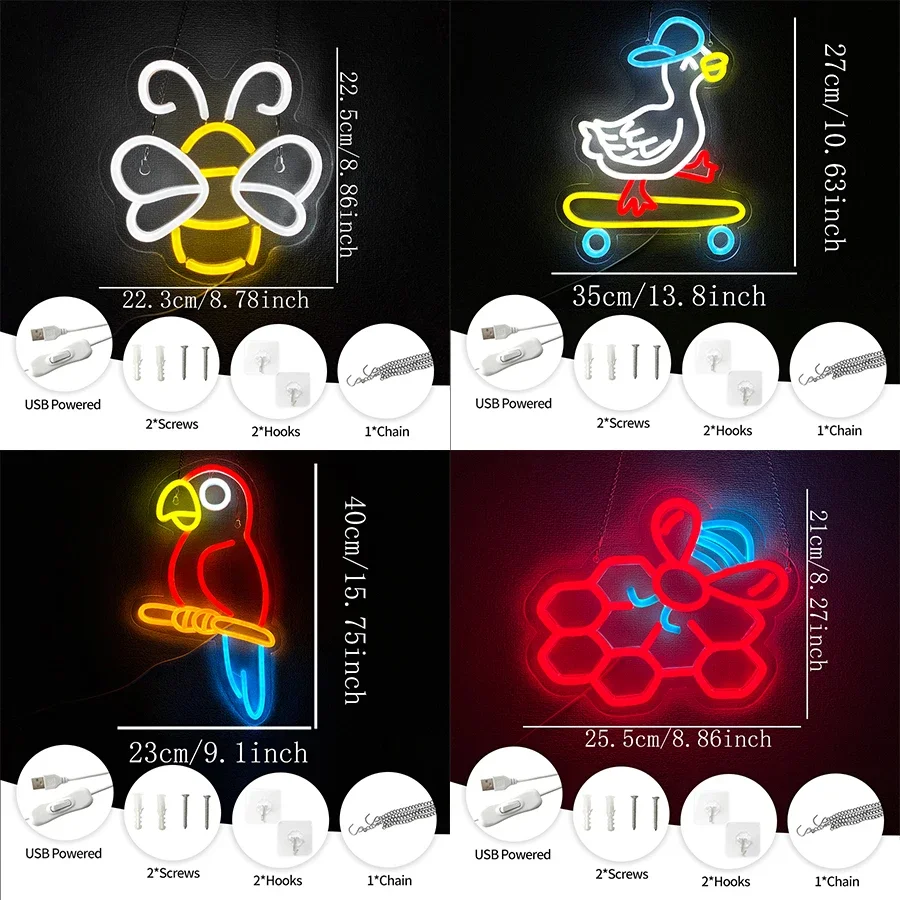 تستخدم لتزيين الغرف وغرف الألعاب والنوادي والمكاتب وعلامات النيون للحيوانات والرموز اللطيفة للببغاوات والنحل، مدعومة بمنفذ USB