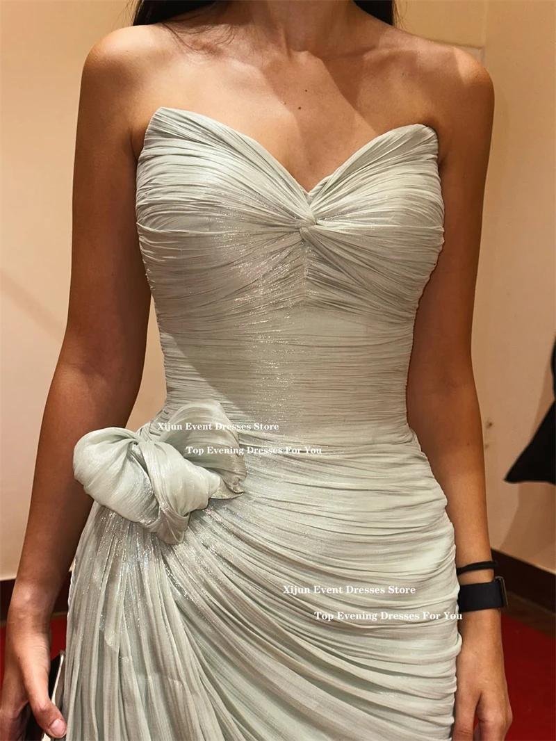 Xijun Green Long Mermaid Evening Dresses Sweetheart 3D Flowers Formal Prom Dresses Sleeveless Pleated Prom Gown Women Customized