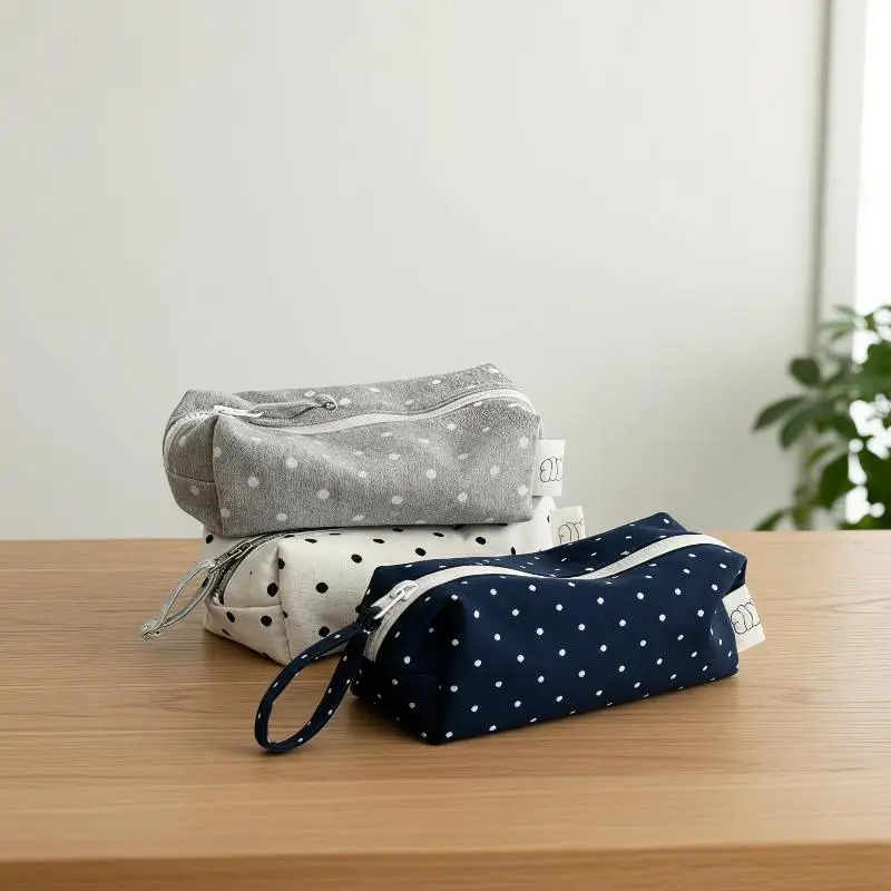 Portable Polka Dot Pencil Case Large Capacity Durable Stationery Organizer Multifunctional Makeup Pouch for School Office
