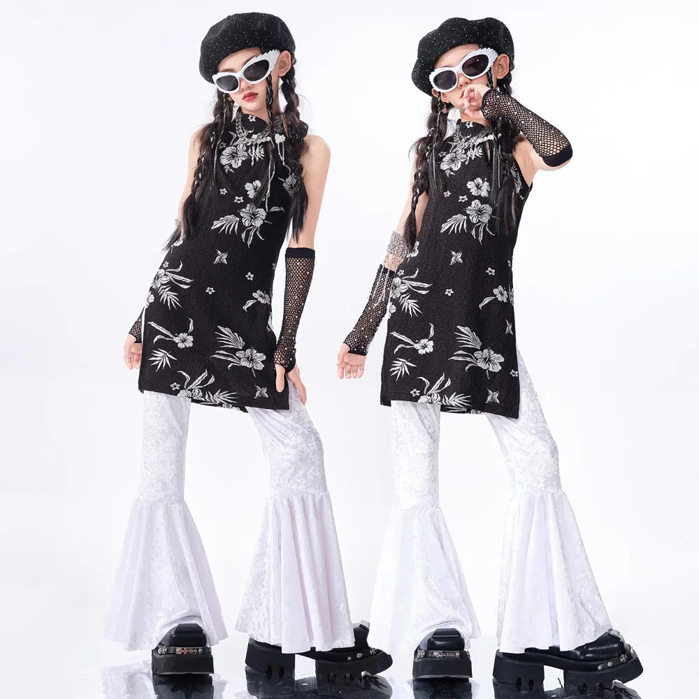 Costume de danse Jazz pour filles, vêtements Hip Hop, haut Cheongsam noir, pantalon évasé blanc, vêtements de spectacle Hip Hop de danse de rue