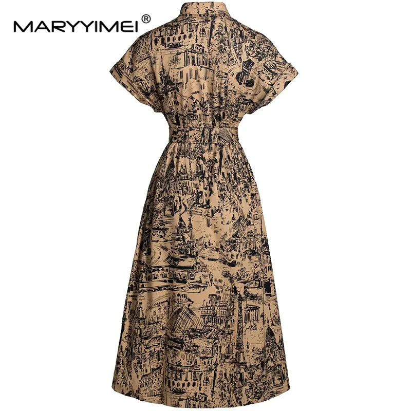 MARYYIMEI Summer Women\'s Dress Turn-Down Collar Short Sleeve Single-Breasted Cotton Vintage Print Lace- Up Dresses