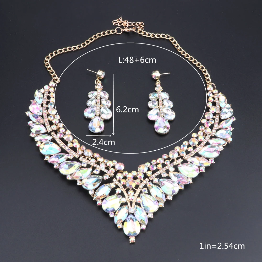 Fashion Indian Blue Rhinestone Wedding Jewelry Sets for Brides Bridal Necklace Earrings Set Party Costume Decoration for Women