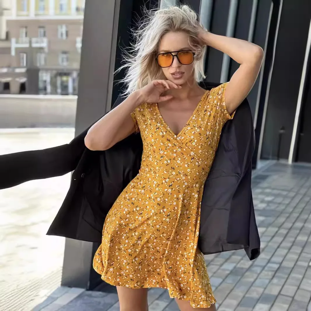 Boho Floral Print Women Dress 2025 Summer Sexy V Neck Short Sleeve A Line Mini Dresses Beach Vacation Sundress Vestidos Y2k