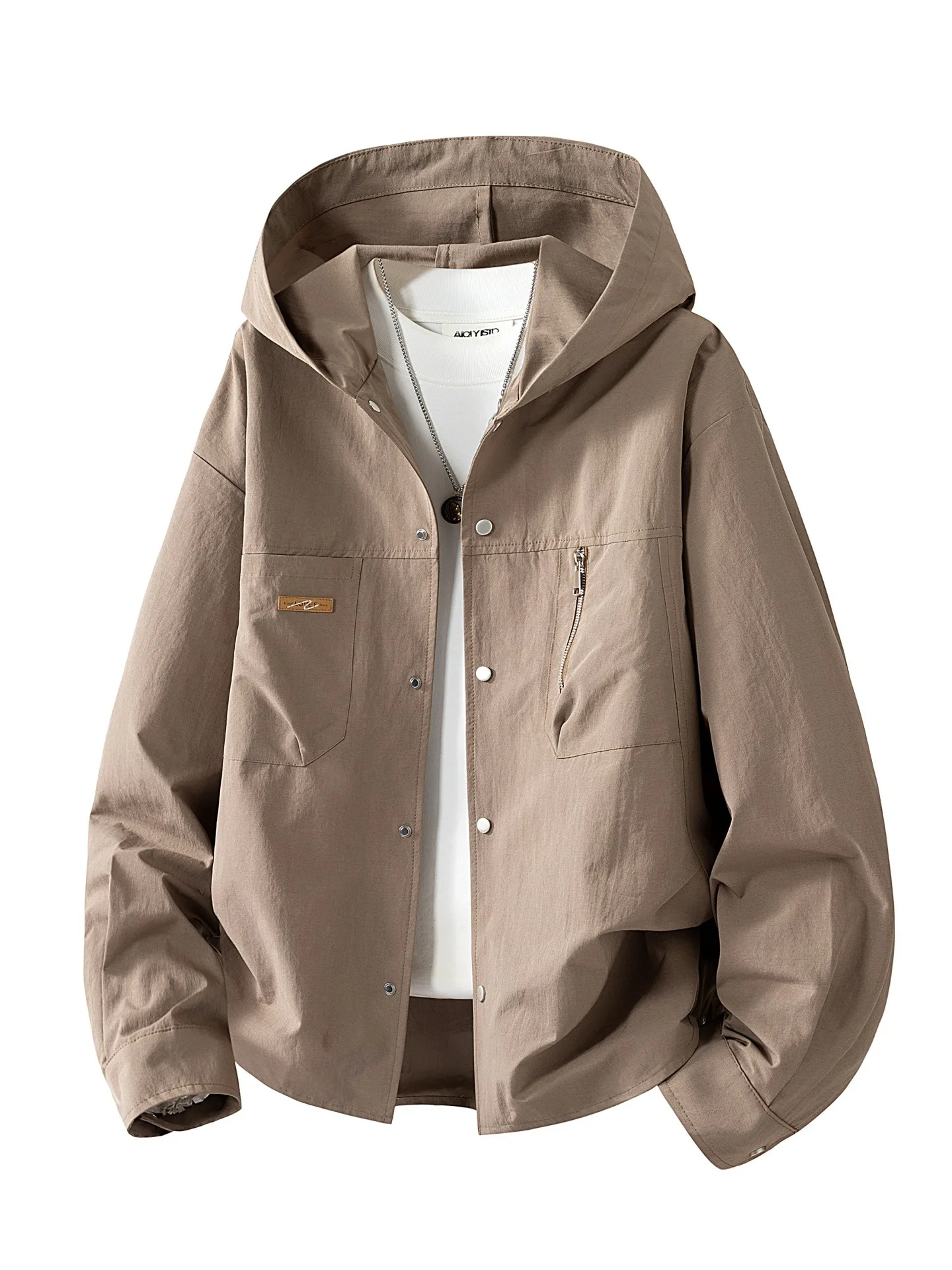 

Men's Loose Casual Hooded Shirt Jacket - Long-Sleeved Collarless Spring 2026 High Street Trend