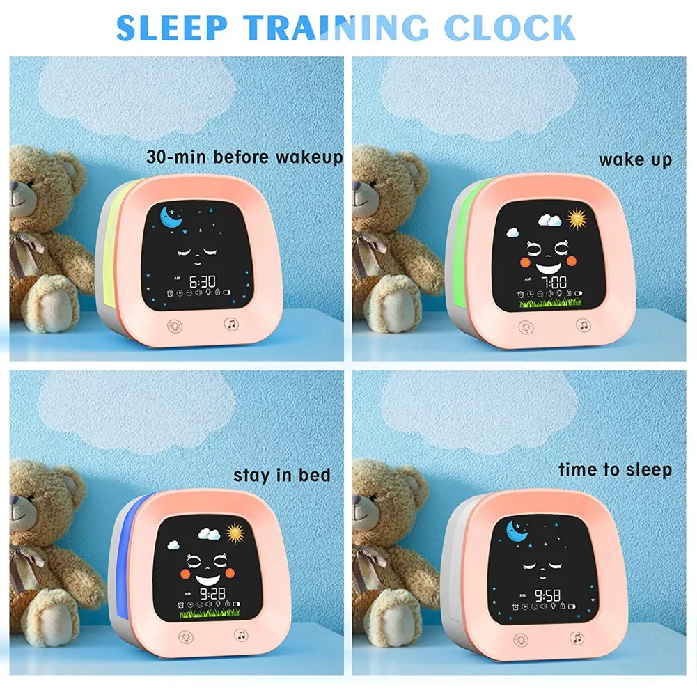 Kids Alarm Clock for Kids, Children's Sleep Trainer Clock with 4 Color Toddler Night Light, Sleep Sound Machine, Pink