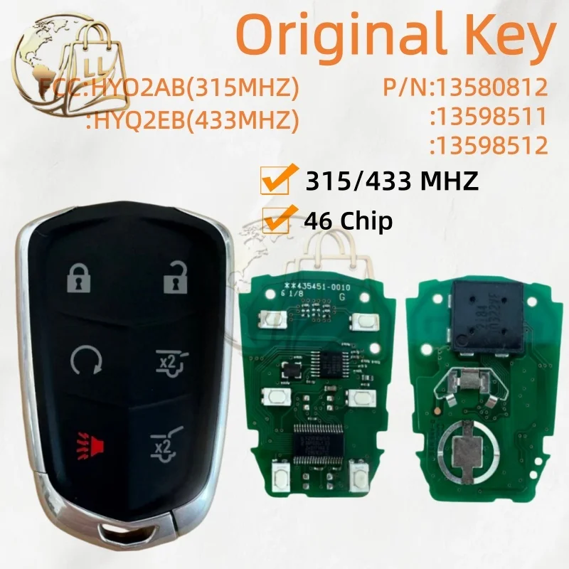 Original For Cadillac Escalade Car Key HYQ2AB HYQ2EB 6 Button ID46 Chip 315/433MHz 2015 -2020 NXP2951E for Cadillac Escalade ESV