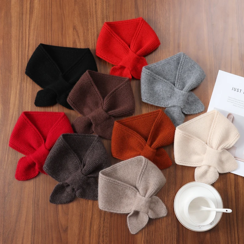 

100% wool bow tie scarf, small cross ring scarf for autumn and winter, fashionable faux collar, soft plain color neck warmer