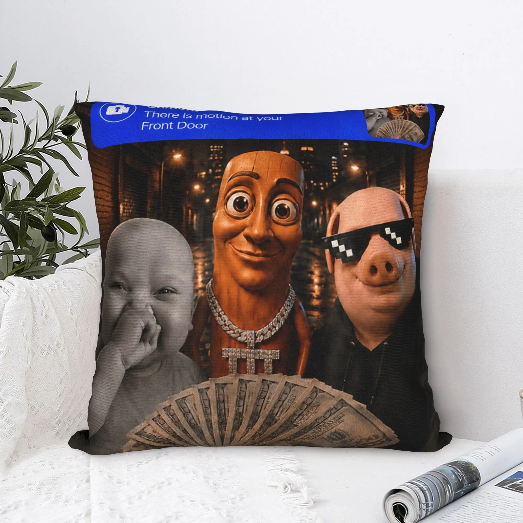 Motion at Your Front Door Tung Sahur John Pork Ai Baby Meme Pillowcases Pillow Case For Sofa Couch Bed Living Room Pillow Cover