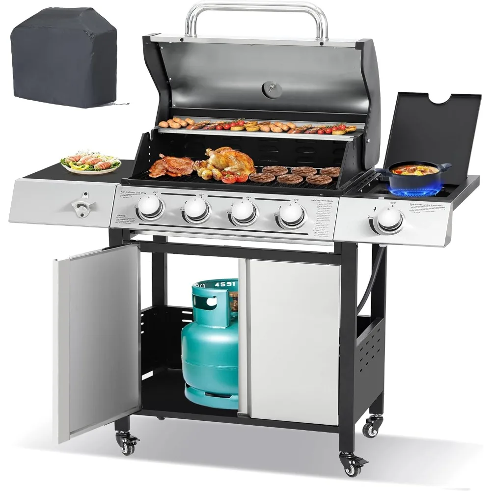 4-Burner Gas BBQ Grill with Cover, Silver Stainless Steel Barbecue Gas Grill with Side Burner and Bottle Opener, 50,000BTU