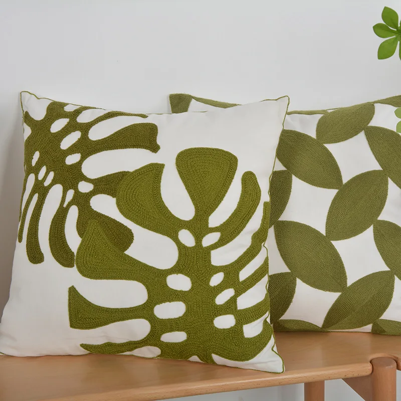 Simple Nordic Home Decor Emboridered Cushion Cover Green Geometric Floral Canvas Cotton Square Embroidery Pillow Cover 45X45cm