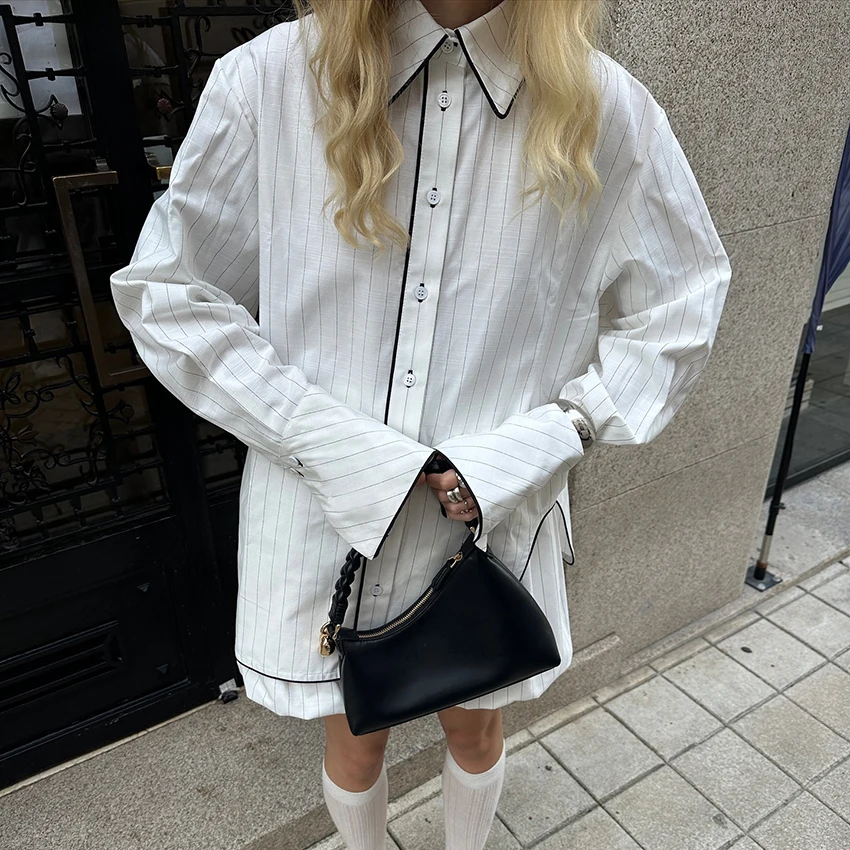 

Linad Summer Office Stripe Two Piece Sets Women Turn Down Collar Shirts With High Waist Shorts Suits Street Chic Outfits Female