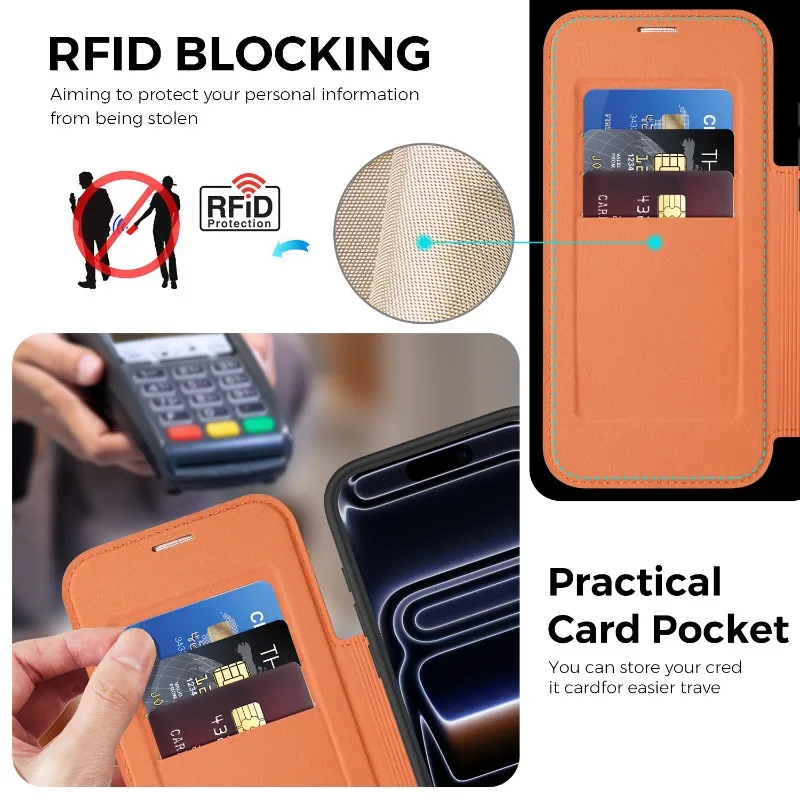 Etui z funkcją bezprzewodowego ładowania, z klapką, skórzane, z przegródkami na karty i podstawką, do iPhone 17 Air, 17 Pro Max, 16 Plus, 15 Pro Max, 14 Pro, 13, 12. — zdjęcie produktu 3