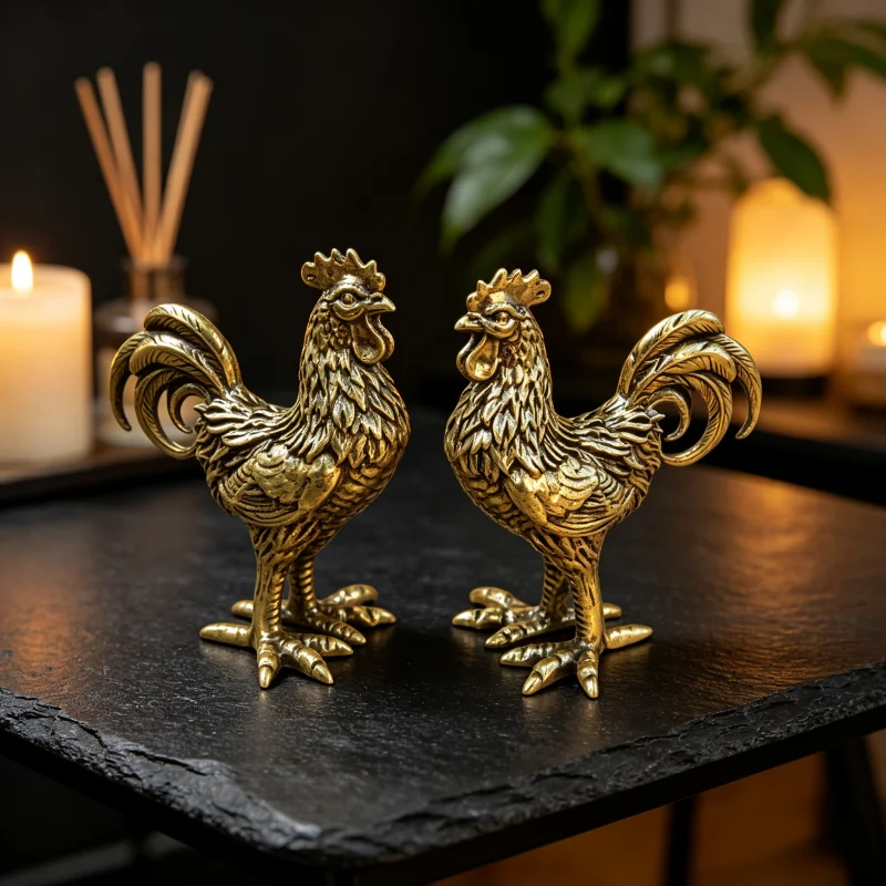 Pure Brass Rooster Hen Figurine - Golden Animal Brass Home Decor Office Gift Detailed Feathers Comb Table Ornament Tea Pet