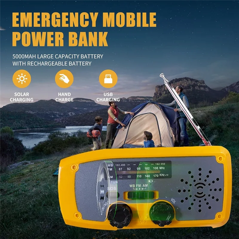 New-Emergency Solar Hand Crank Radio Portable NOAA/AM/FM Radio With LED Flashlight SOS Alarm For Camping