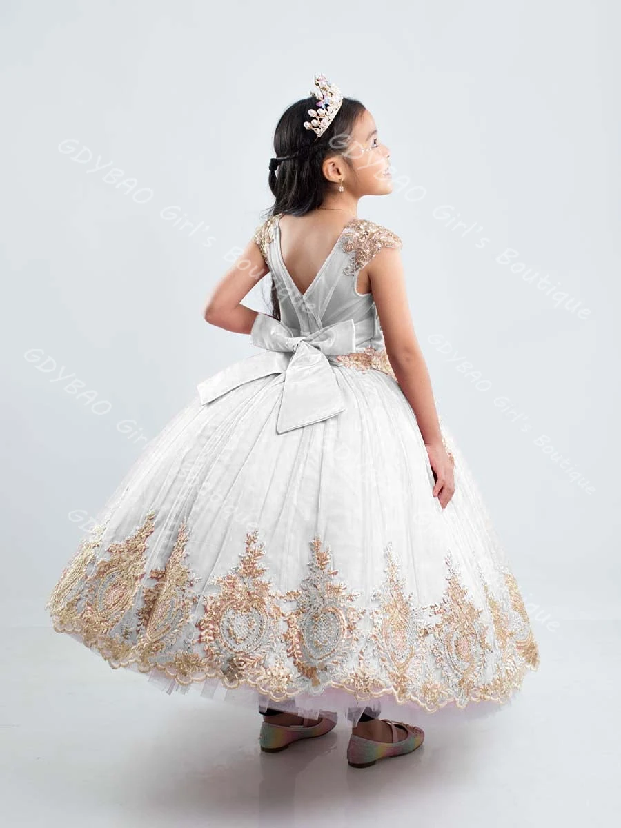 Vestido de princesa con apliques dorados para niñas, vestido de flores hasta el tobillo de cristal con lazo, vestido de fiesta de boda, Vestidos personalizados