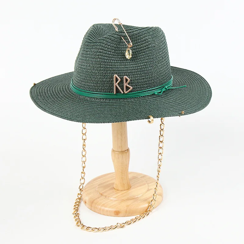 2026 Women European American Chain Ornament Straw Sun Hat Beach Vacation Outdoor UV Shade Hat