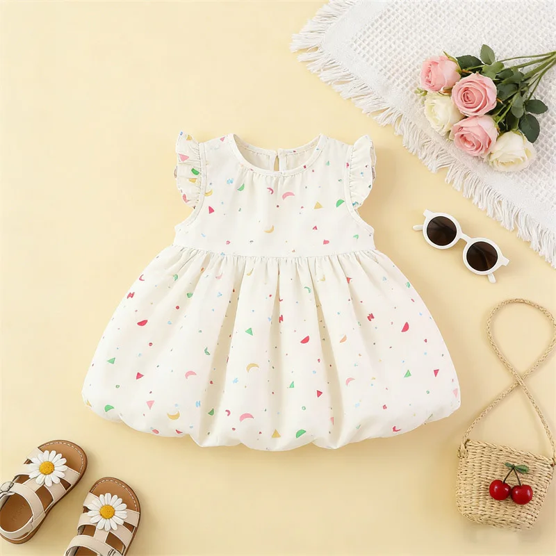 Summer Children Soft Dress Sweet Baby Girl Beige Clothes Toddler Newborn Dresses Kid Cute Mushroom Ruffle Fly Sleeve Summer Wear