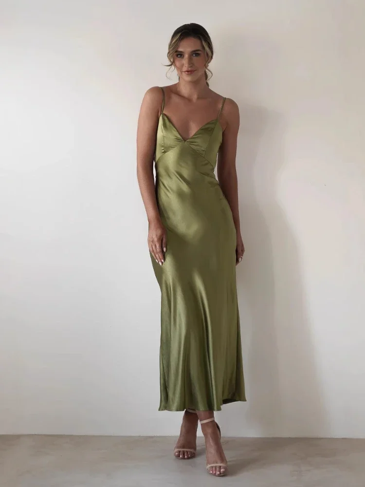 2025年夏の新作レディースファッション、エレガントでセクシーなバケーションスタイル、サテンストラップVネック、バックレス、ウエストコレクション、ロングドレス