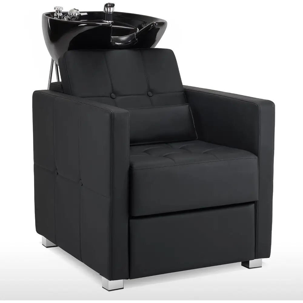 Adjustable Porcelain Hair Wash Basin and Shampoo Chair Set for Barbershops and Spas (Black)