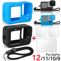For GoPro Hero 12 11 10 9 Silicone Case Protective Sleeve Lanyard Tempered Glass Screen Protector Lens Cap For GoPro12 Pro11 10